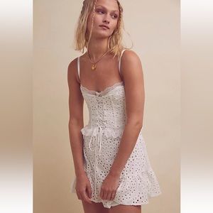 For Love & Lemons Sadie White Lace Eyelet Corset Bustier Ruffle Mini Dress NWT